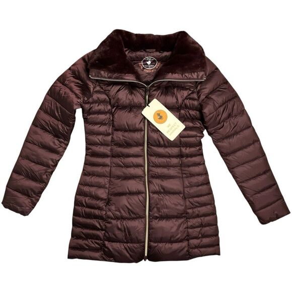Save The Duck Caroline Womens S Burgundy Puffer Coat Faux Fur Long Iris Full Zip - Picture 1 of 7